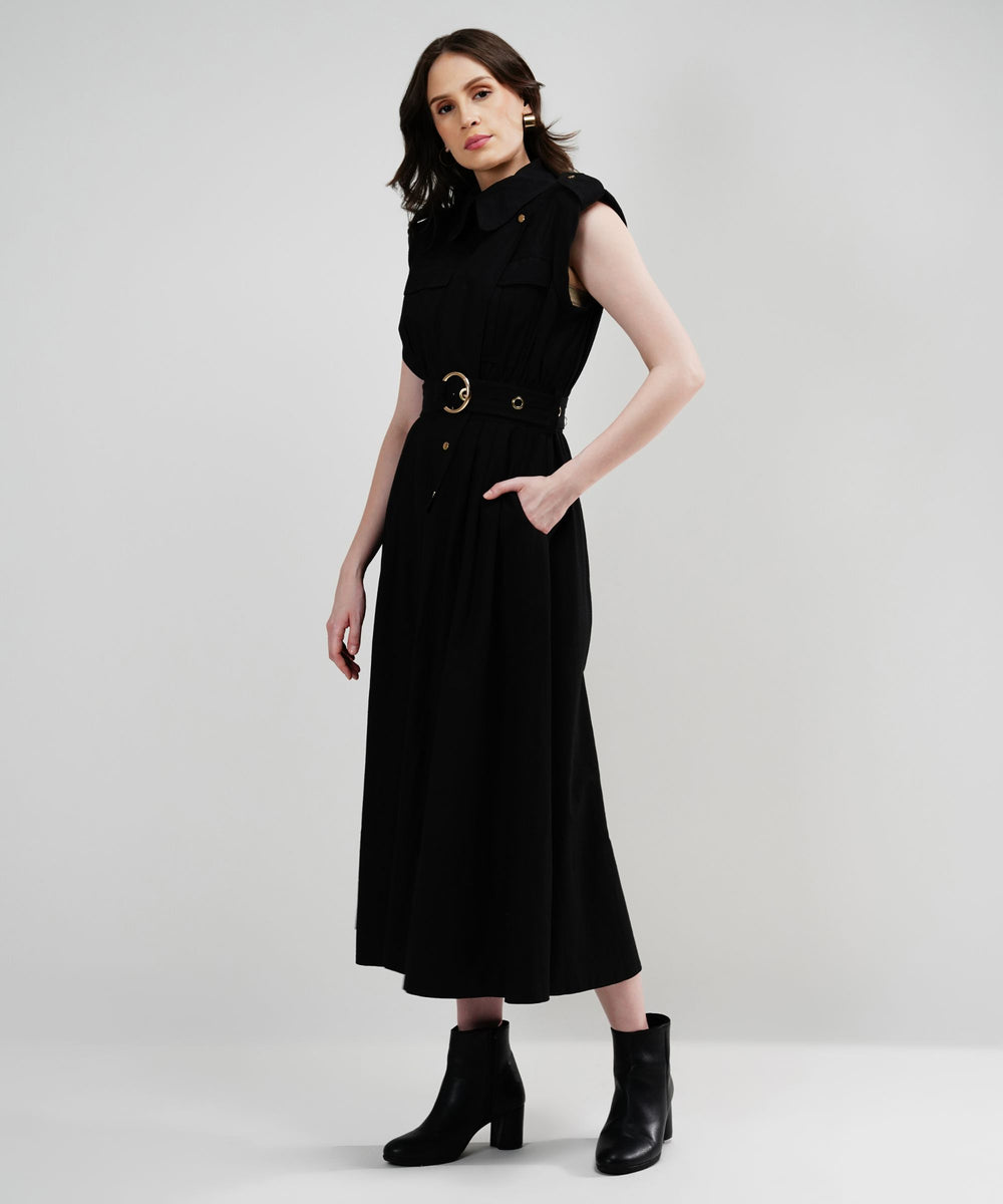 The Athena Sleeveless Belted Midi Dress in 100% Linen