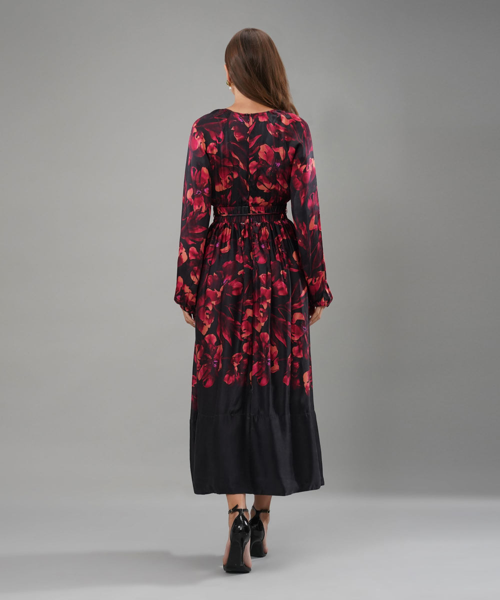 The Anita Floral Midi Dress in Linen Satin
