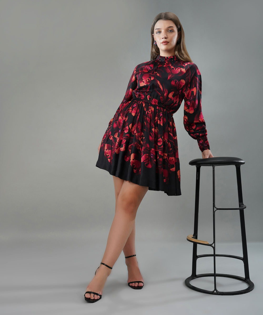 The Anita Floral Skater Dress in Linen Satin
