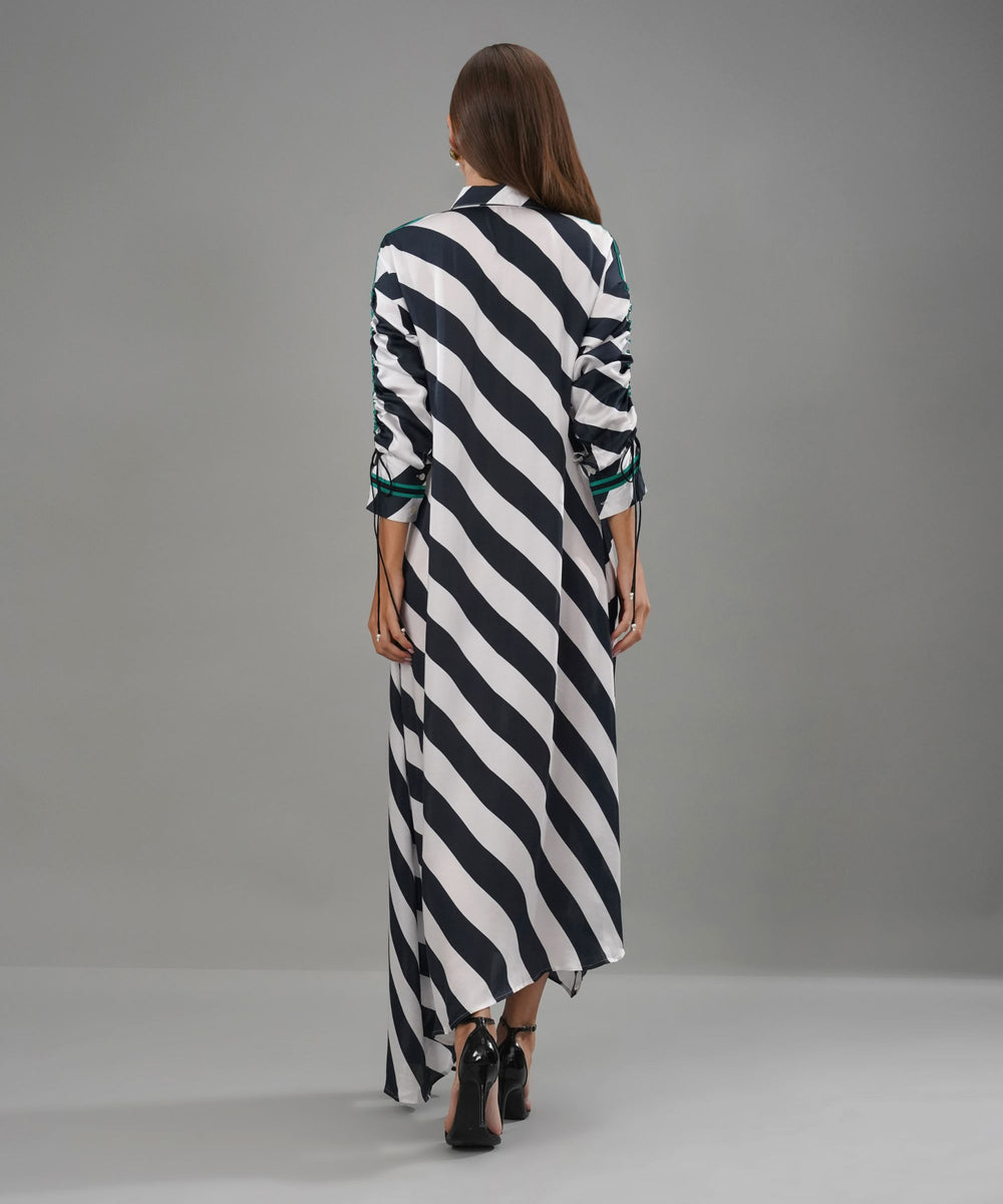 The Amira Stripe Shirt Dress in Linen Satin