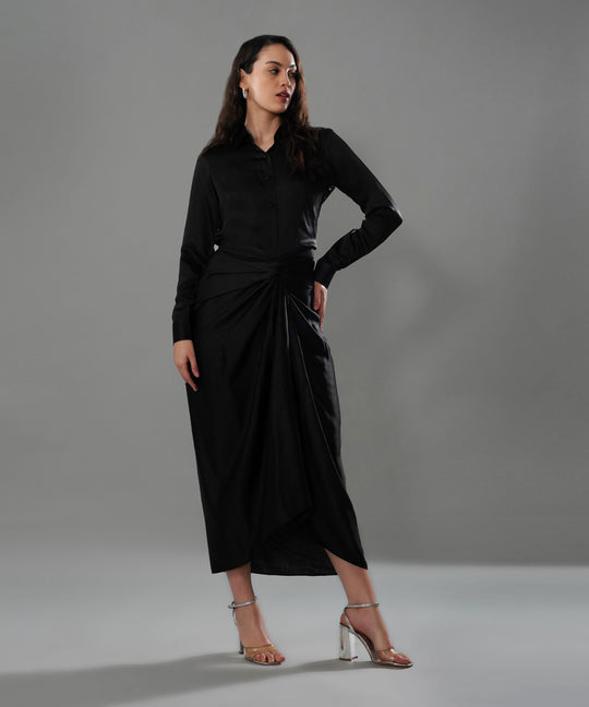 The Valentina Draped Co-ord in Black Linen Satin