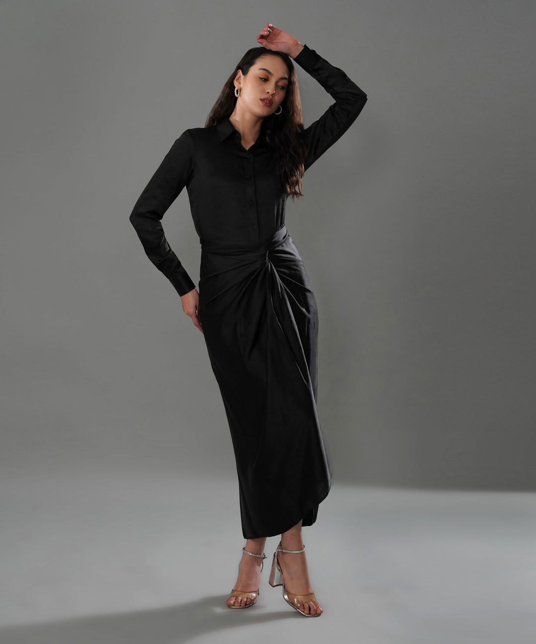 The Valentina Draped Co-ord in Black Linen Satin