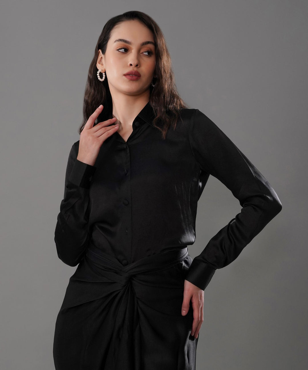 The Valentina Draped Co-ord in Black Linen Satin