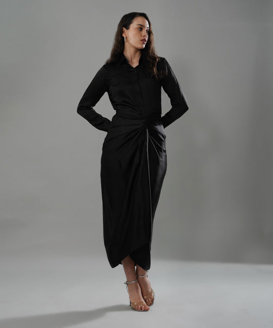 The Valentina Draped Co-ord in Black Linen Satin