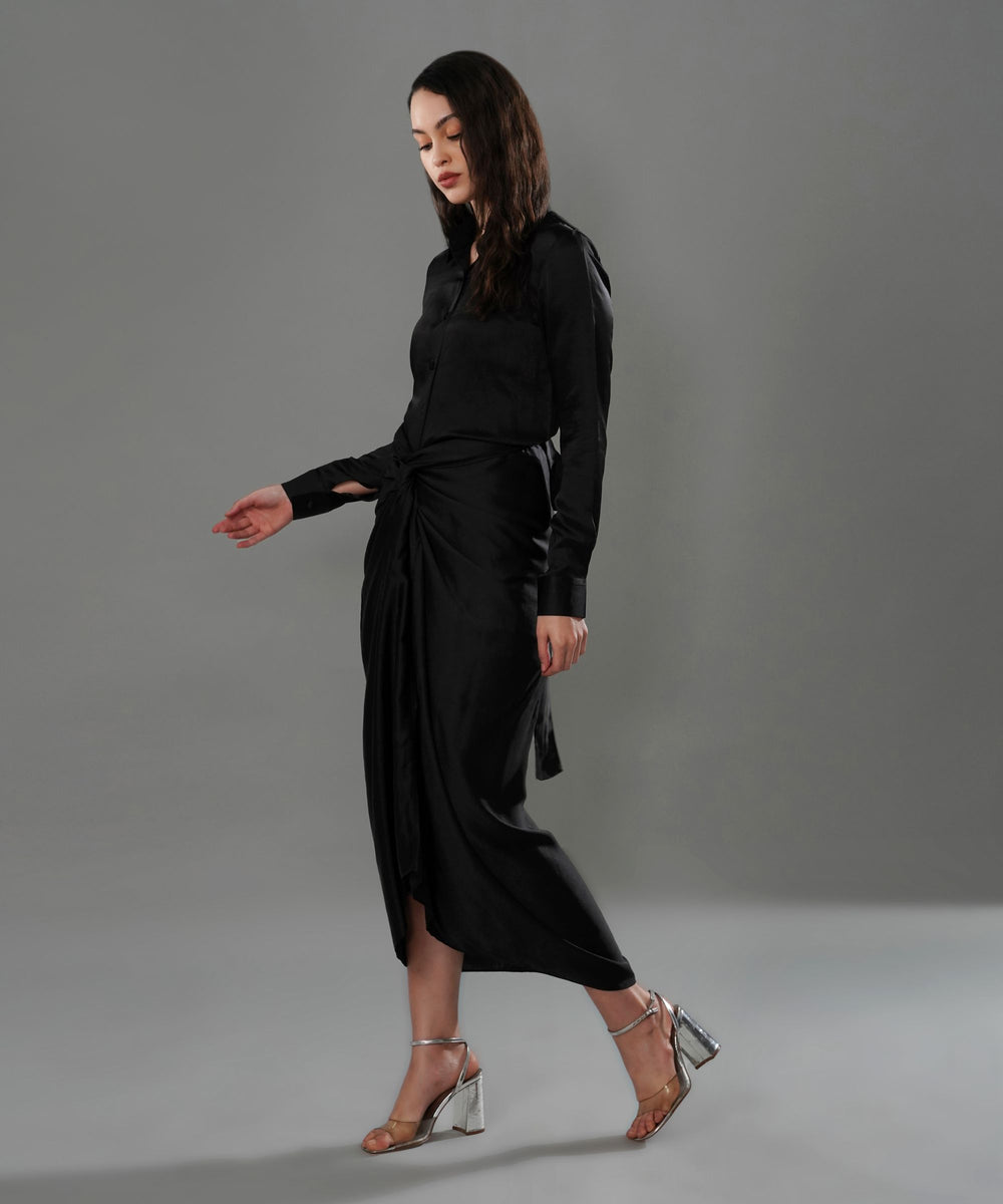 The Valentina Draped Co-ord in Black Linen Satin