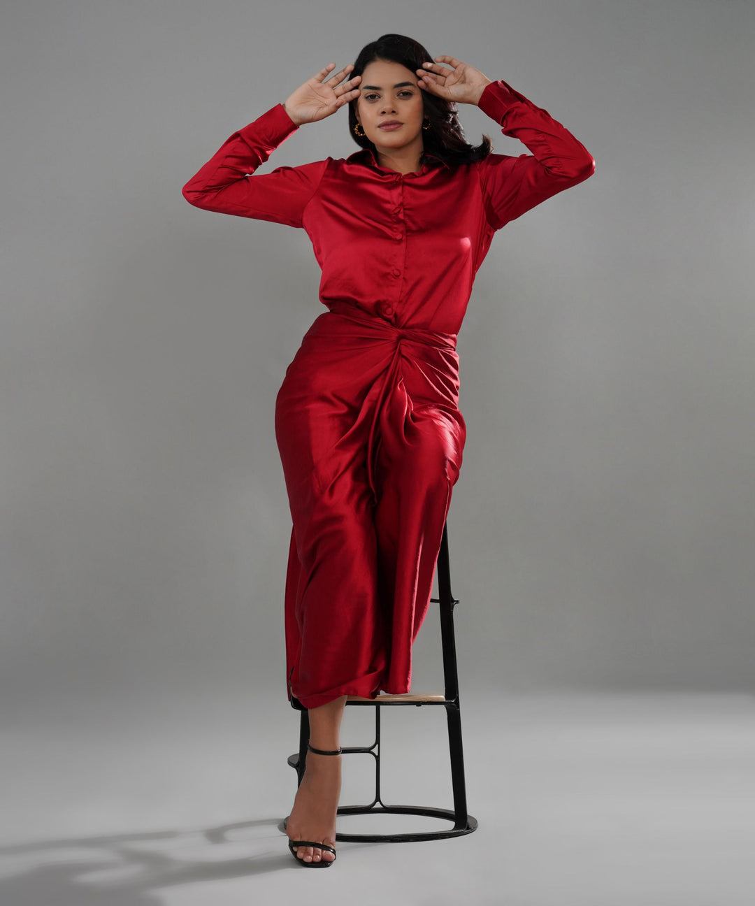 The Valentina Draped Co-ord in Red Linen Satin