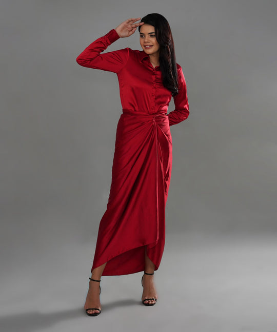 The Valentina Draped Co-ord in Red Linen Satin