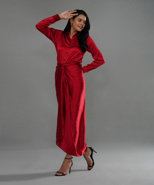 The Valentina Draped Co-ord in Red Linen Satin