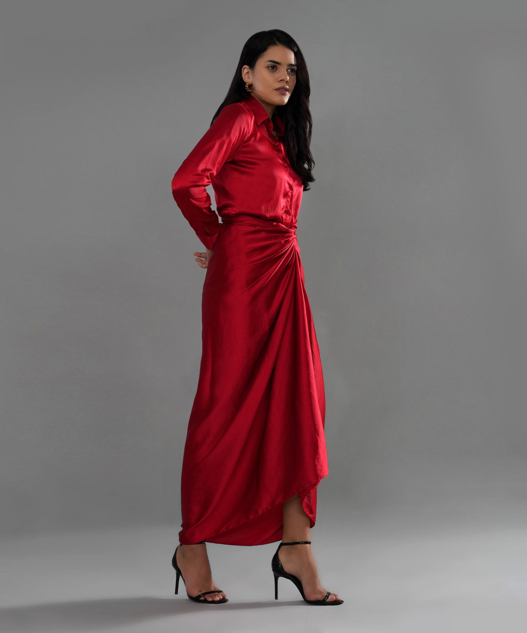 The Valentina Draped Co-ord in Red Linen Satin