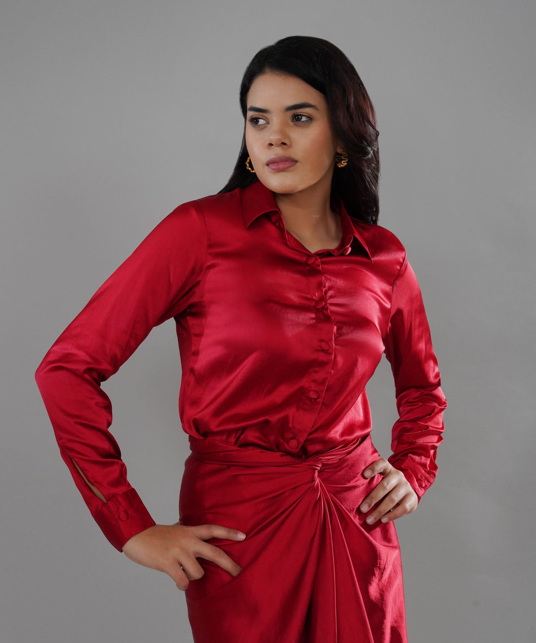 The Valentina Draped Co-ord in Red Linen Satin