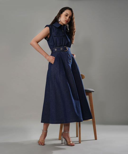 The Athena Sleeveless Belted Midi Dress in Denim