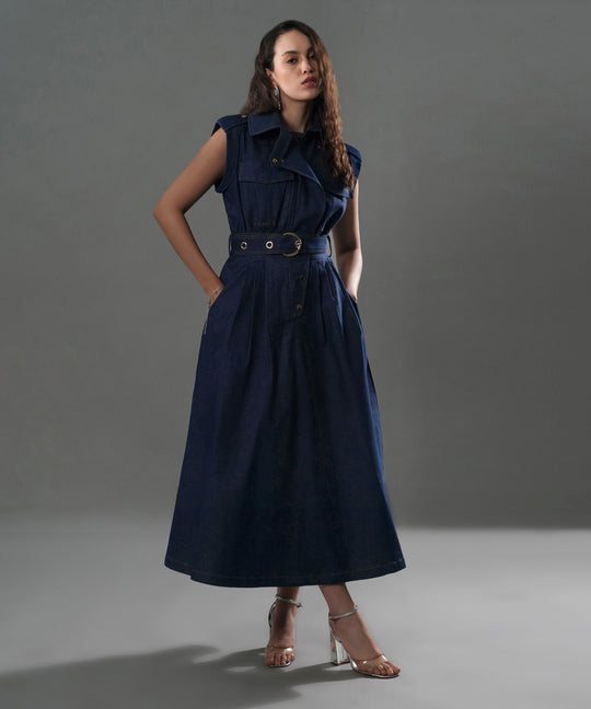 The Athena Sleeveless Belted Midi Dress in Denim