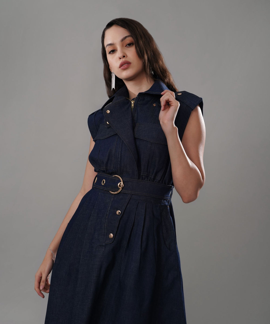 The Athena Sleeveless Belted Midi Dress in Denim