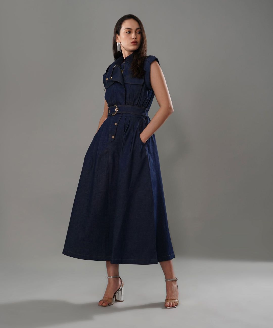 The Athena Sleeveless Belted Midi Dress in Denim