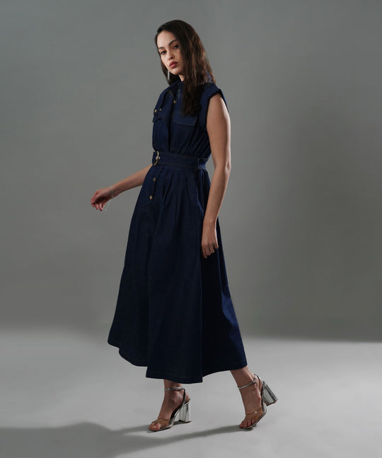 The Athena Sleeveless Belted Midi Dress in Denim