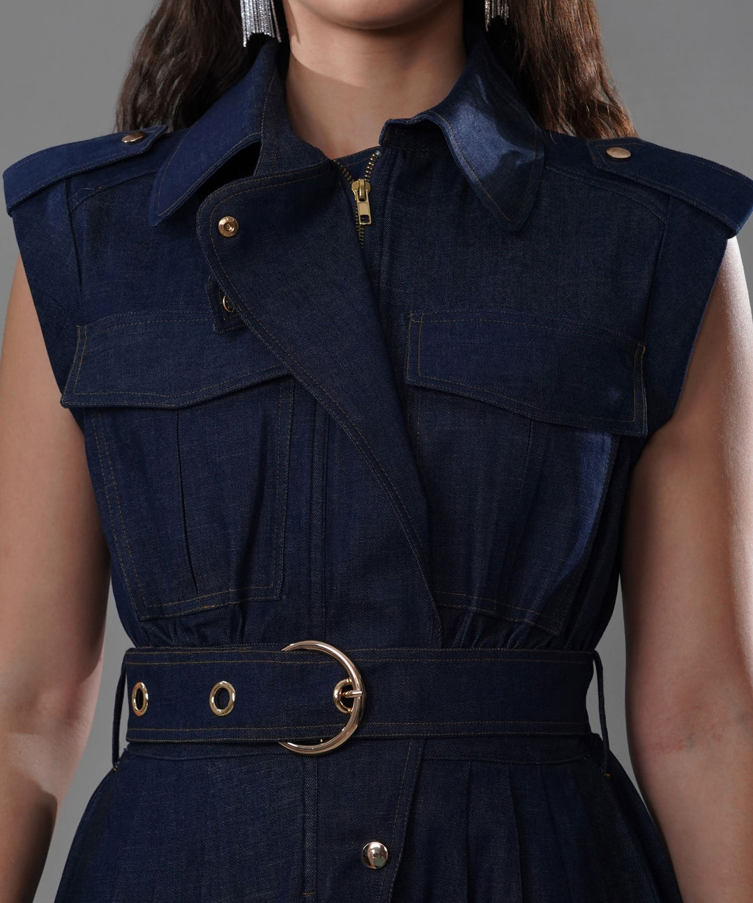 The Athena Sleeveless Belted Midi Dress in Denim