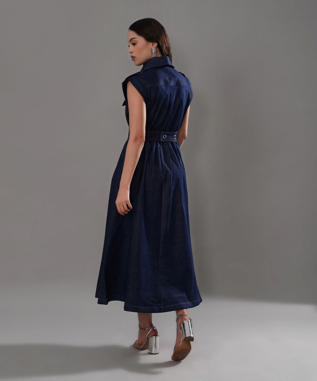 The Athena Sleeveless Belted Midi Dress in Denim