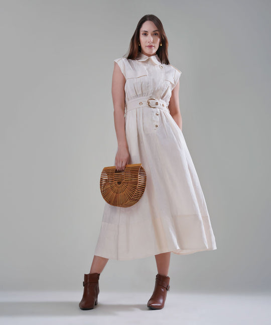 The Athena Sleeveless Belted Midi Dress in 100% Linen