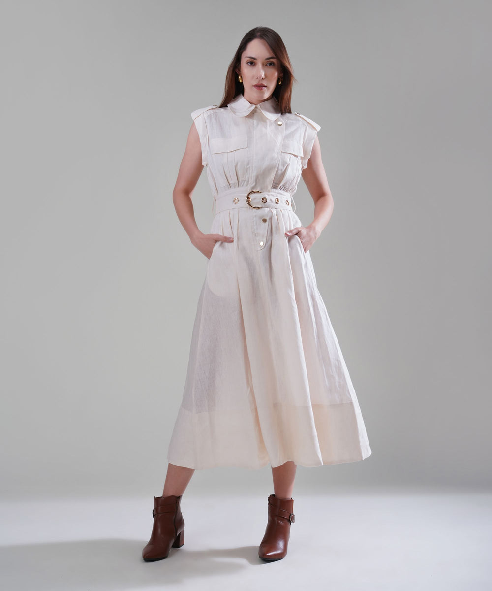 The Athena Sleeveless Belted Midi Dress in 100% Linen