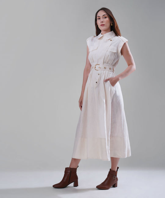 The Athena Sleeveless Belted Midi Dress in 100% Linen