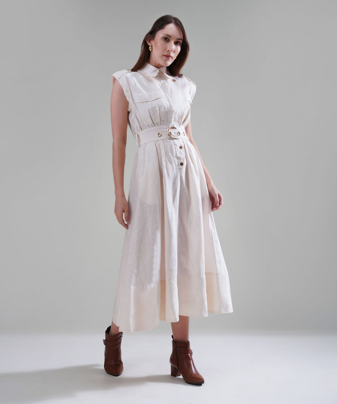 The Athena Sleeveless Belted Midi Dress in 100% Linen