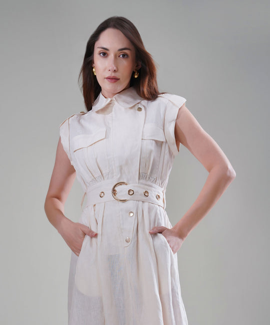 The Athena Sleeveless Belted Midi Dress in 100% Linen