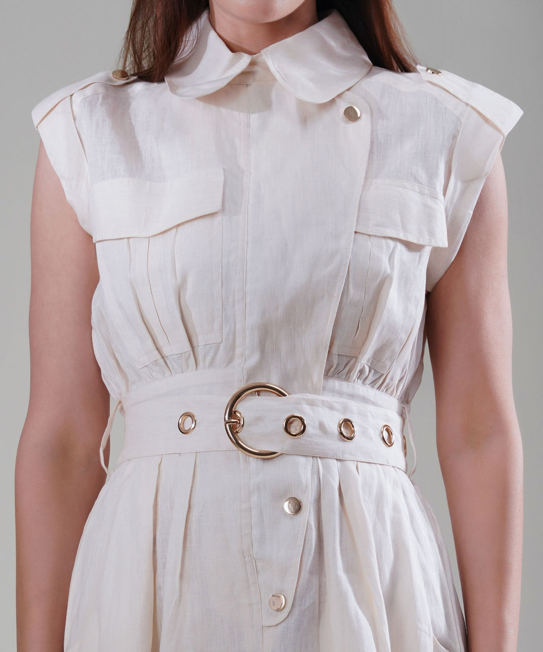 The Athena Sleeveless Belted Midi Dress in 100% Linen