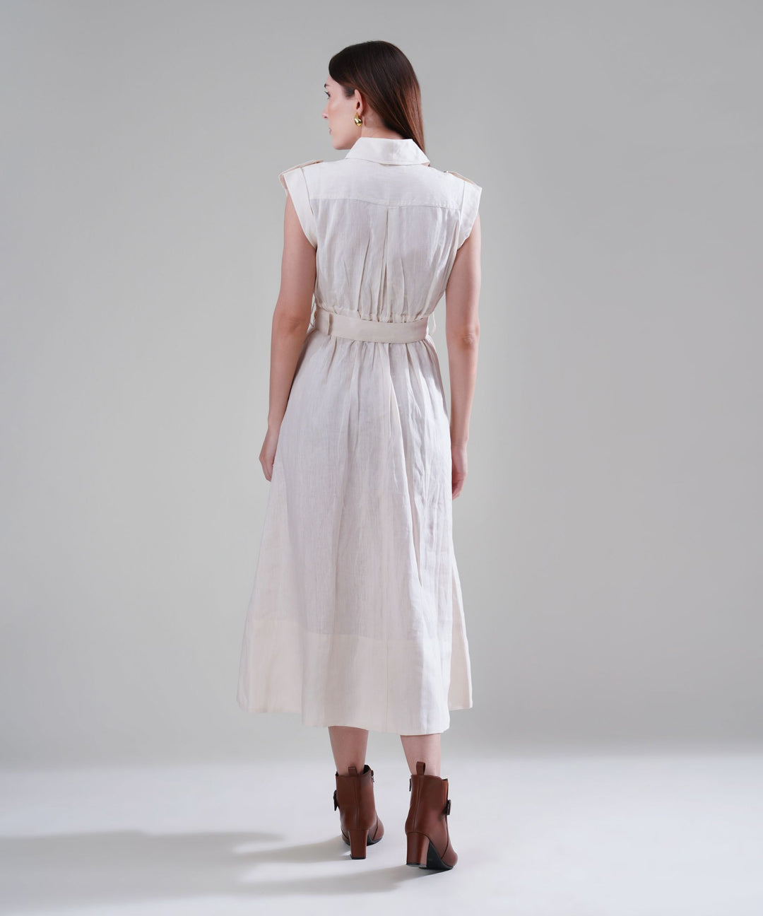The Athena Sleeveless Belted Midi Dress in 100% Linen