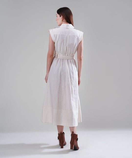 The Athena Sleeveless Belted Midi Dress in 100% Linen