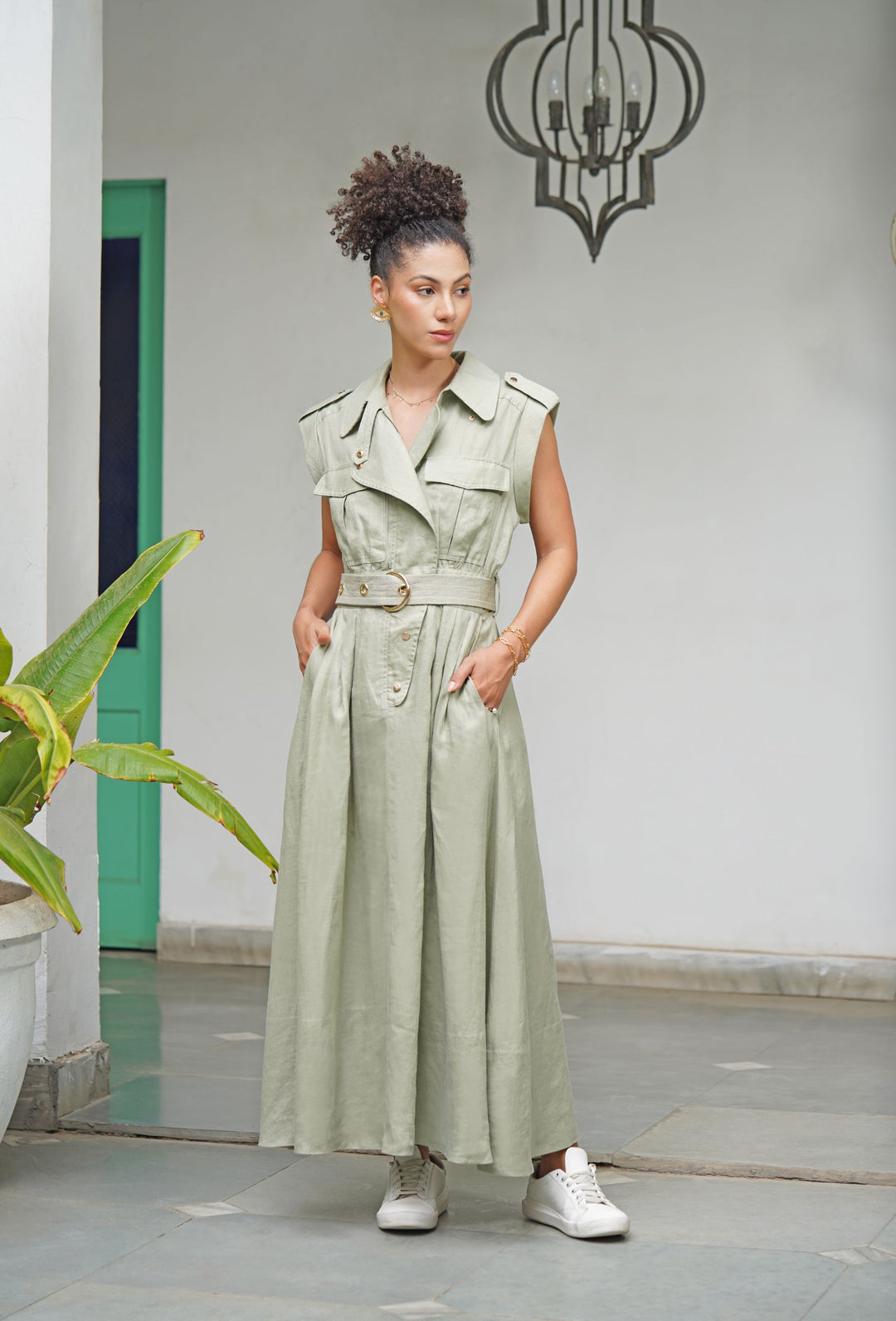 The Athena Sleeveless Belted Midi Dress in 100% Linen