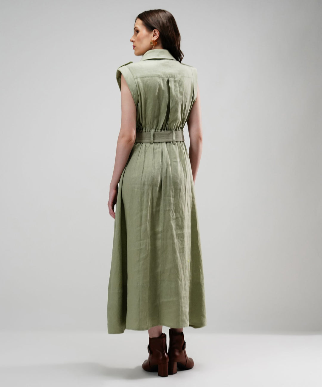 The Athena Sleeveless Belted Midi Dress in 100% Linen