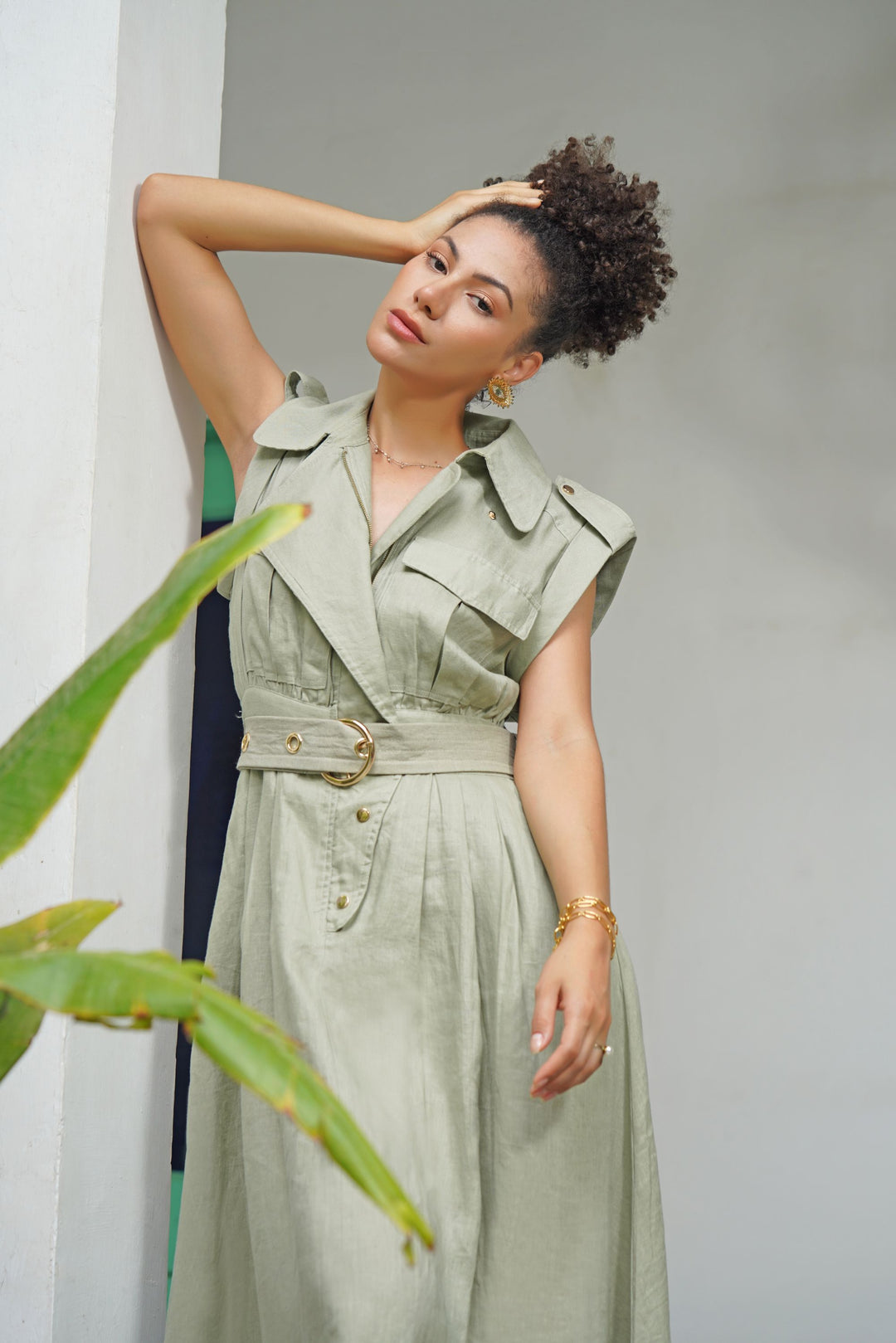 The Athena Sleeveless Belted Midi Dress in 100% Linen