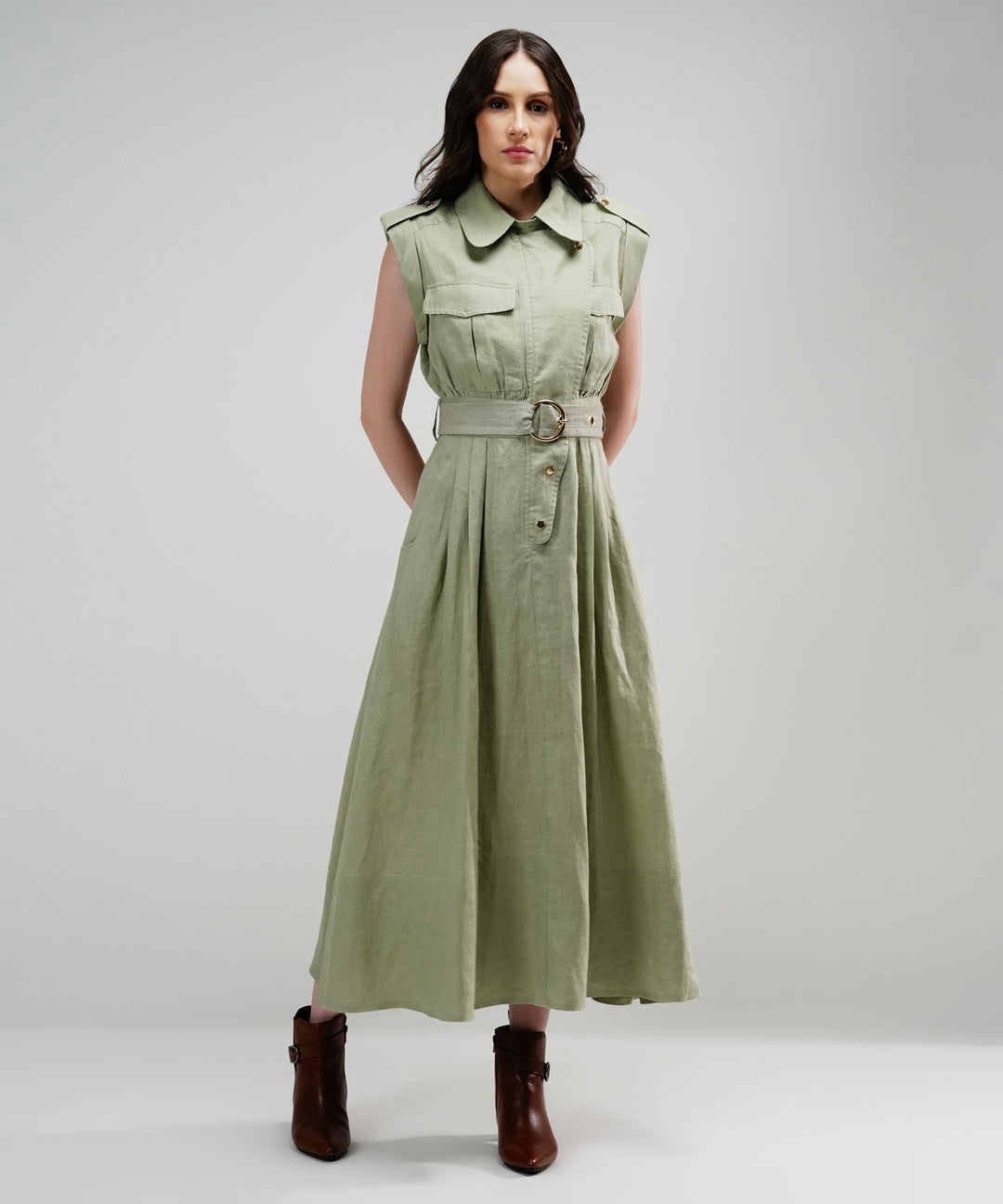 The Athena Sleeveless Belted Midi Dress in 100% Linen