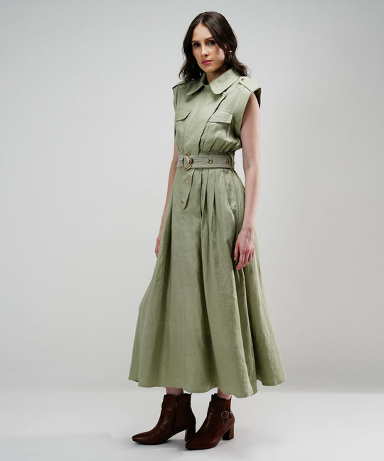 The Athena Sleeveless Belted Midi Dress in 100% Linen