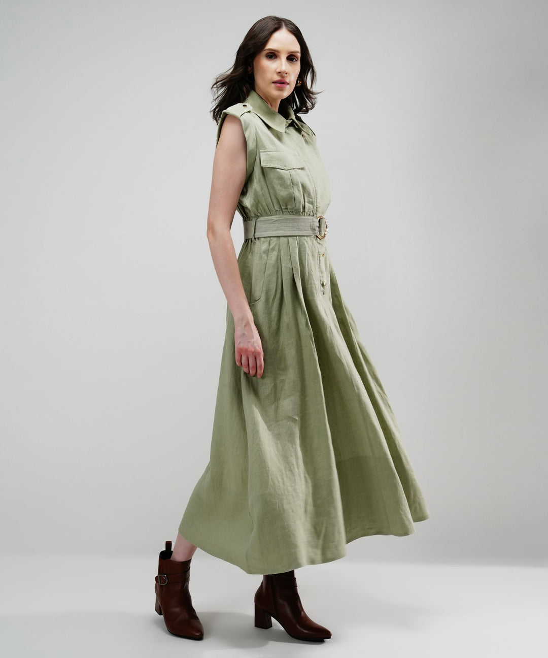 The Athena Sleeveless Belted Midi Dress in 100% Linen