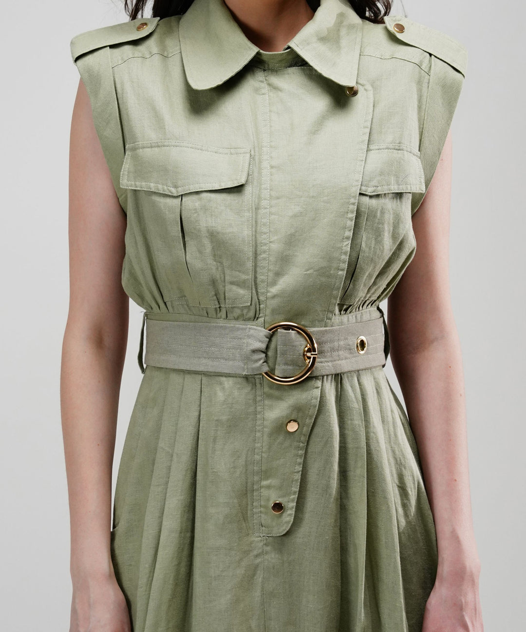 The Athena Sleeveless Belted Midi Dress in 100% Linen