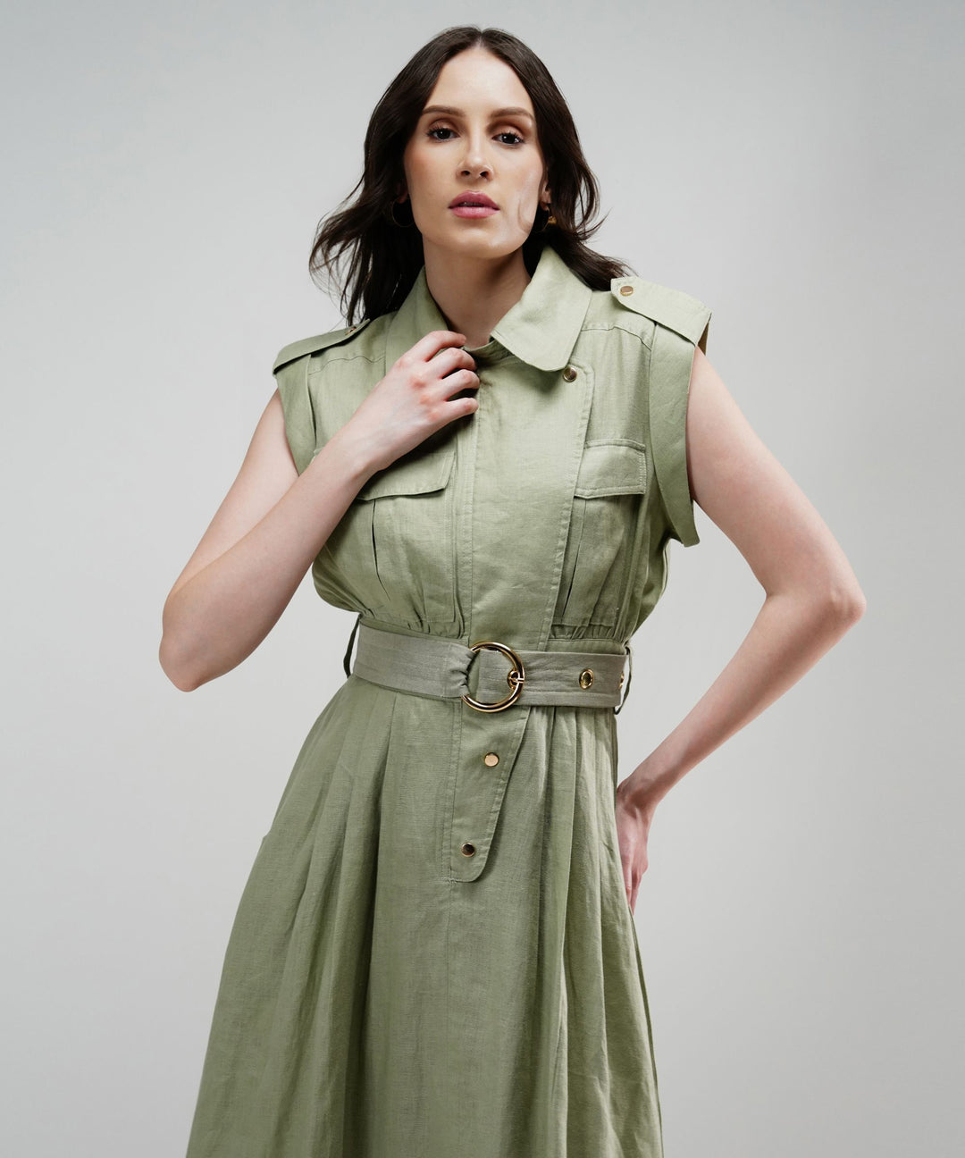 The Athena Sleeveless Belted Midi Dress in 100% Linen