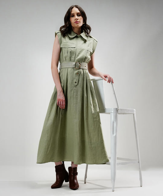 The Athena Sleeveless Belted Midi Dress in 100% Linen