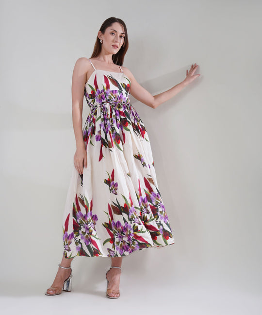 The Delicate Alba Floral Maxi Dress in Linen Satin