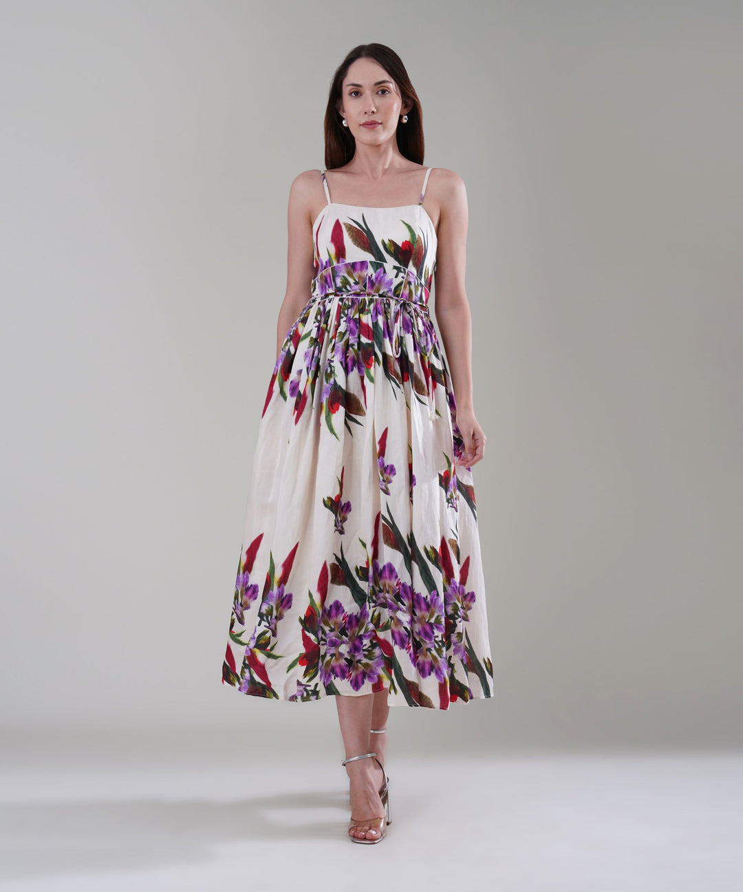 The Delicate Alba Floral Maxi Dress in Linen Satin The Delicate Alba Floral Maxi Dress in Linen Satin