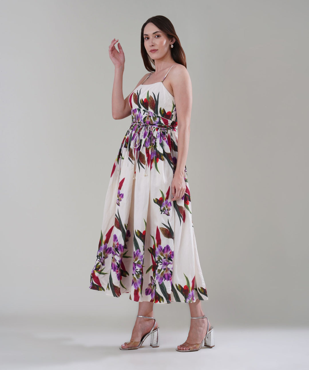 The Delicate Alba Floral Maxi Dress in Linen Satin