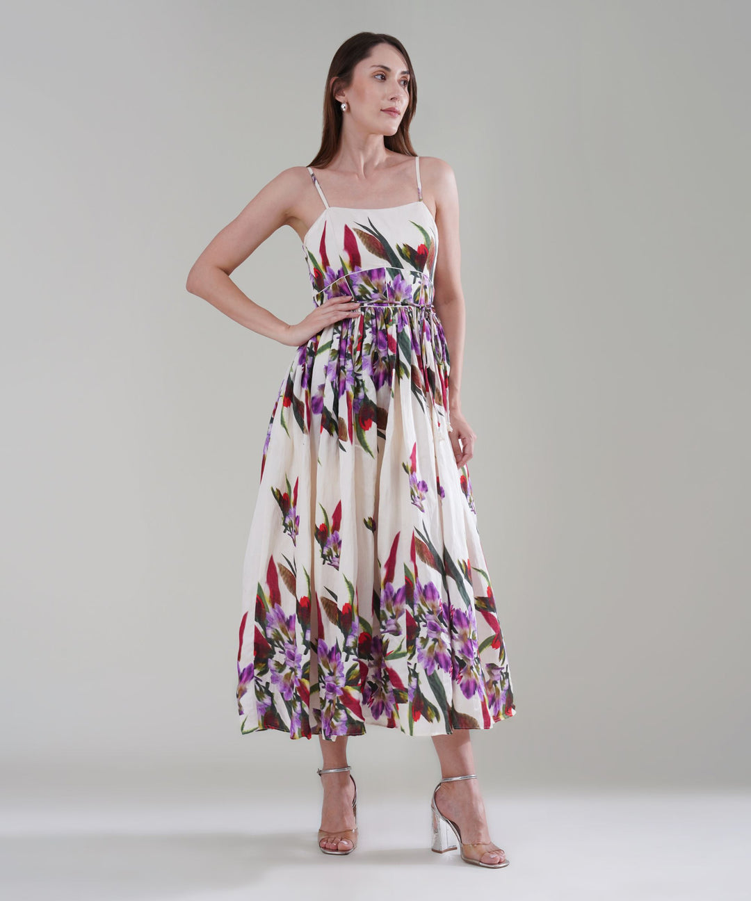 The Delicate Alba Floral Maxi Dress in Linen Satin