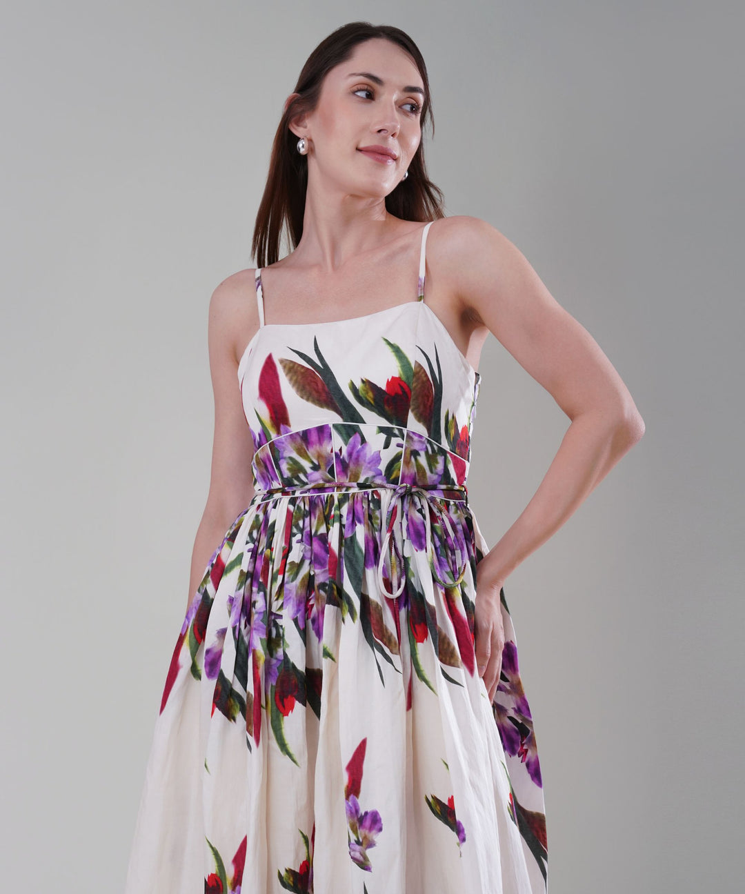 The Delicate Alba Floral Maxi Dress in Linen Satin