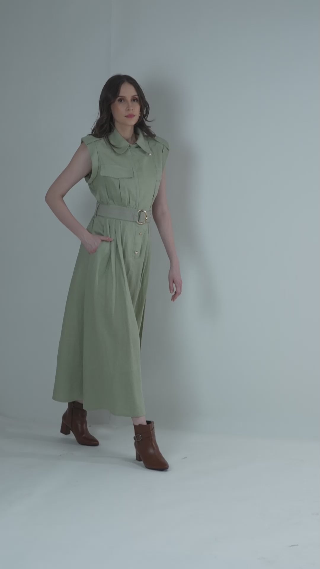 The Athena Sleeveless Belted Midi Dress in 100% Linen